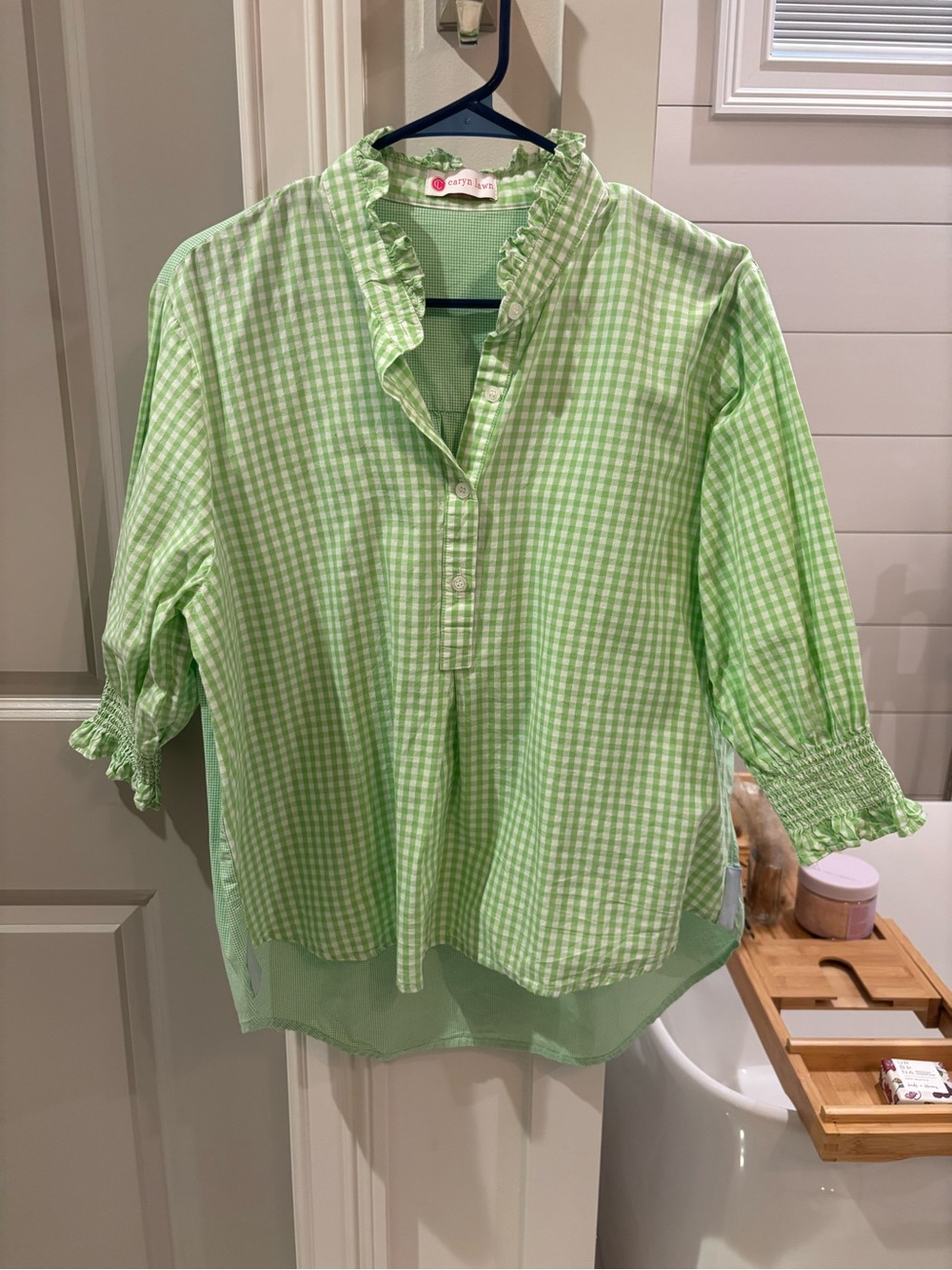 Caryn Lawn Green Gingham Ruffle Neck Blouse-Large